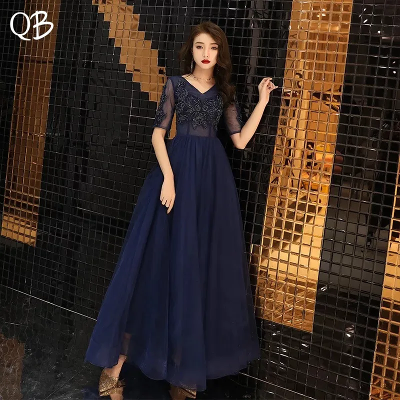 Роскошные темно-синие вечерние платья трапециевидной формы с v-образным вырезом