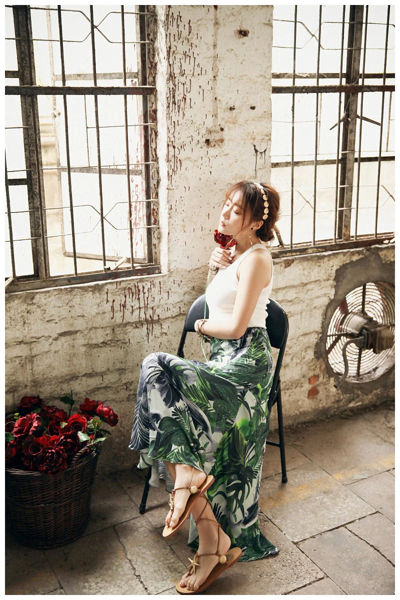 2018 Boho Leaf Print Chiffon Skirt for Women Summer Elastic Waist A-line Long Casual Clothing Vintage Big Hem Female | Женская одежда
