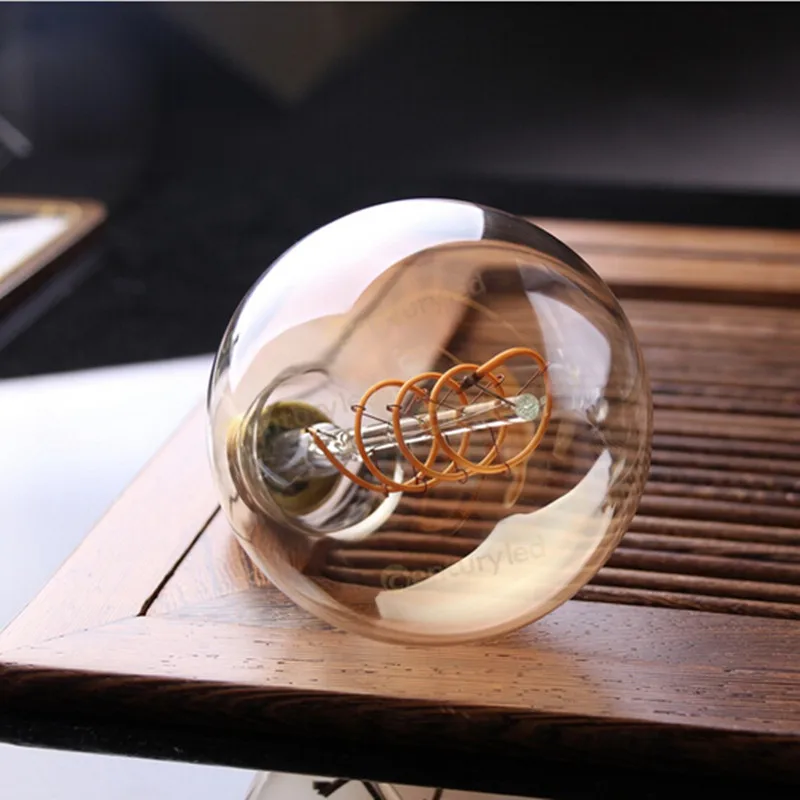 安い スパイラルフィラメントled、エジソンg95グローブ電球、4ワット、アンバーガラス、スーパー暖かい2200 K、e27ベース、装飾ライト、調光可能