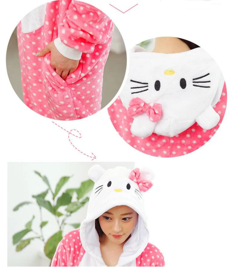 

New kingurumi HK Pajamas For Women Nightgown Pink Dots Cat Pajama Adult Pajamas One Piece Polyester Pyjamas Warm Sleepwear