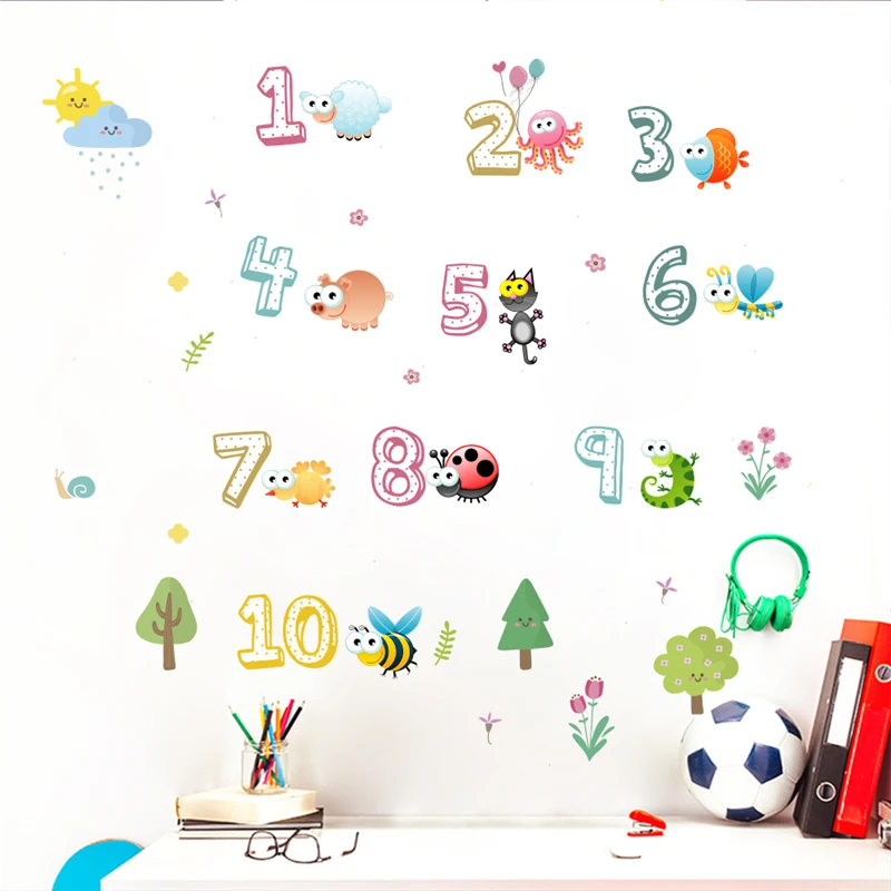 

cartoon animals insect numbers wall stickers for kids rooms home decorations wall decals accessories pvc mural art diy wallpaper