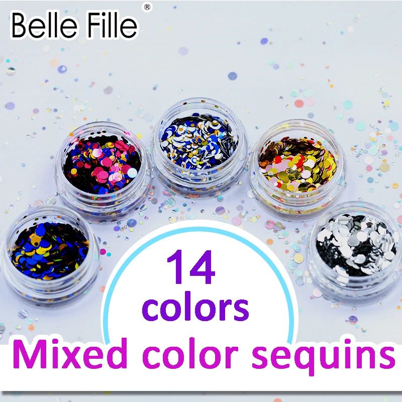 Блеск для ногтей Belle Fille 14 цветов 1 г круглая форма лазерный магический эффект лак