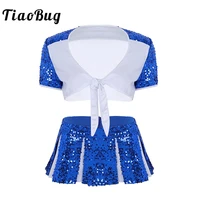 tiaobug women adult sequined cheerleader costume short sleeve coat crop top with mini skirt stage street jazz dance costume set