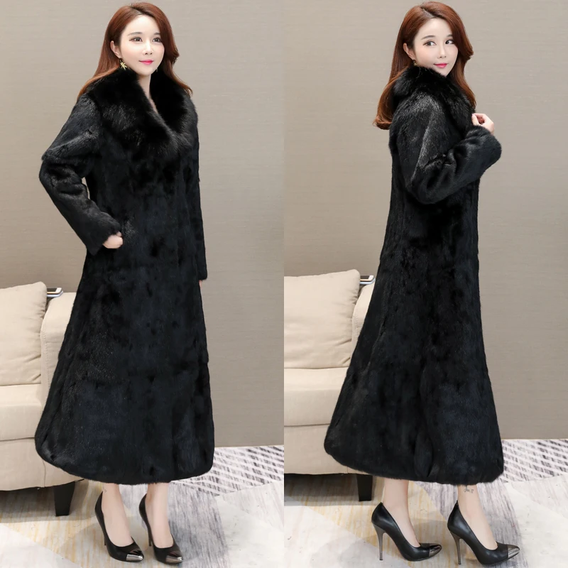 Autumn and winter women's natural fox fur collar rabbit fur long coat warm fashion real fox fur collar rabbit fur coat