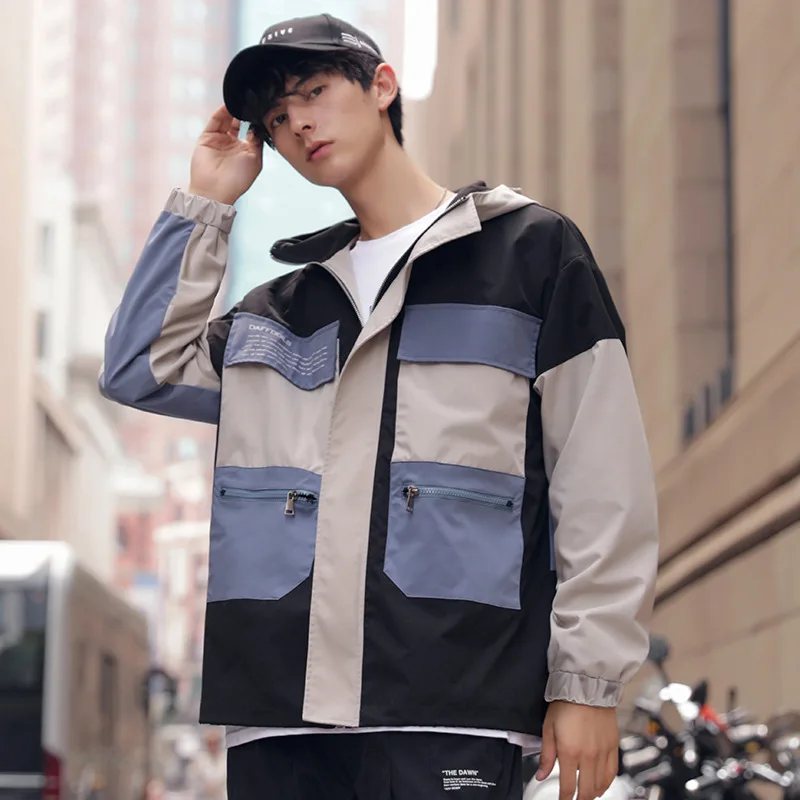 

2019 Autumn New Color Patchwork Spliced Street Stylish Men's Hooded Jackets Casual Pockets Loose Printed Windbreaker Outerwear