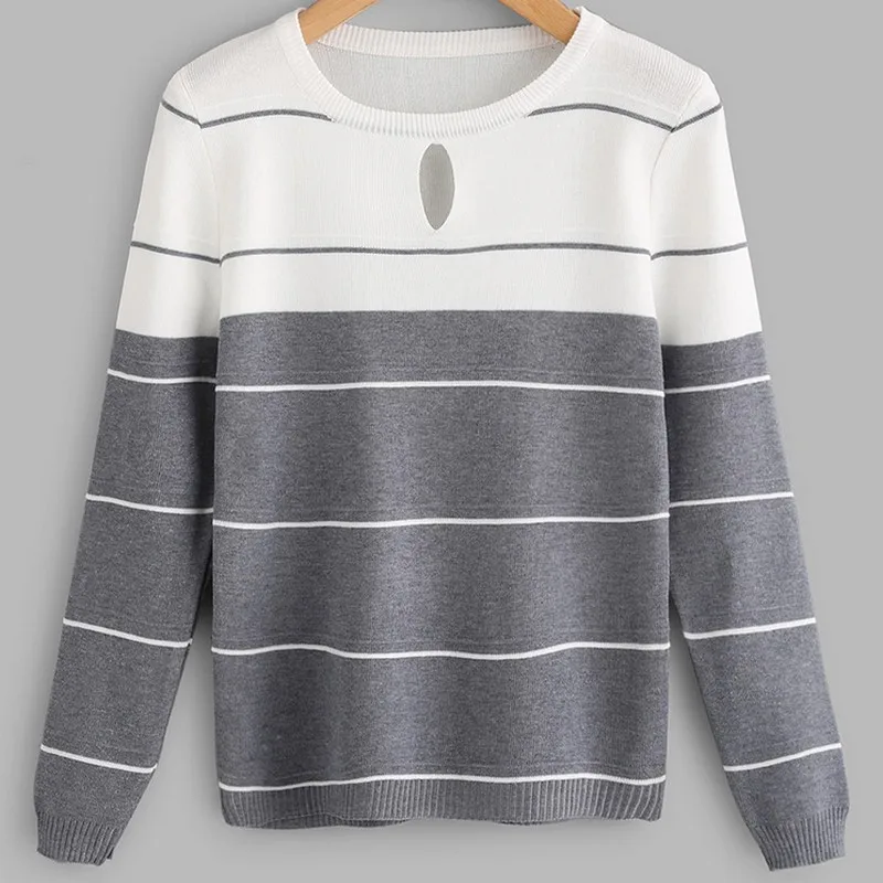 PLAMTEE Fashion Autumn Winter Striped Knitted Sweater 2017 New Holes O-Neck Long Sleeves Sweaters For Women Cotton Pullovers | Женская