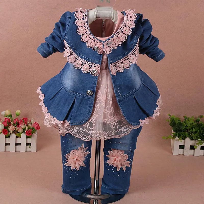 F10416-Pink Одежда для девочек, комплект одежды для детей, одежда для маленьких девочек костюм из 3 предметов, куртка джинсовые штаны г. Осенне-Весенняя детская ковбойская одежда для малышей - Цвет: F10416-Pink