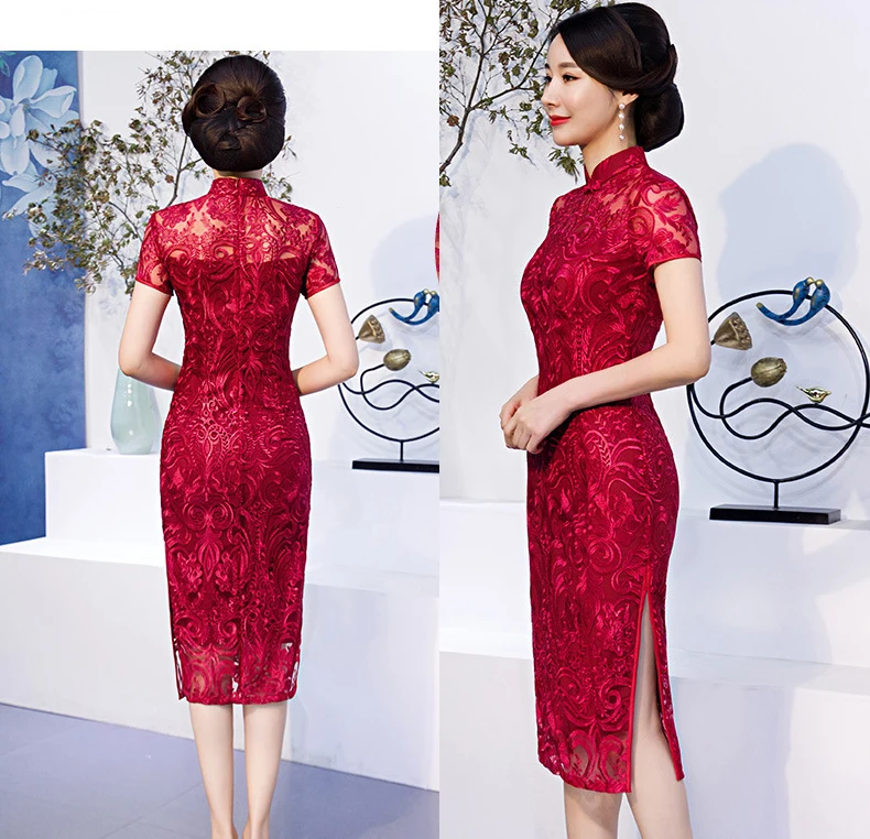 

2019 Knee Length Cheongsam Traditional Chinese style Short Sleeve Dress Womens Summer Mesh Qipao Slim Party Dresses Vestido