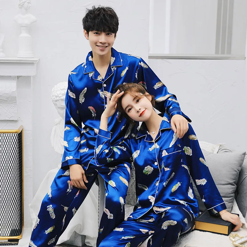 JINUO 2018 Free Shipping Spring Autumn Couple Silk Pajama Sets Lovers Thin Long Sleeve Casual Soft Home Wear | Мать и ребенок