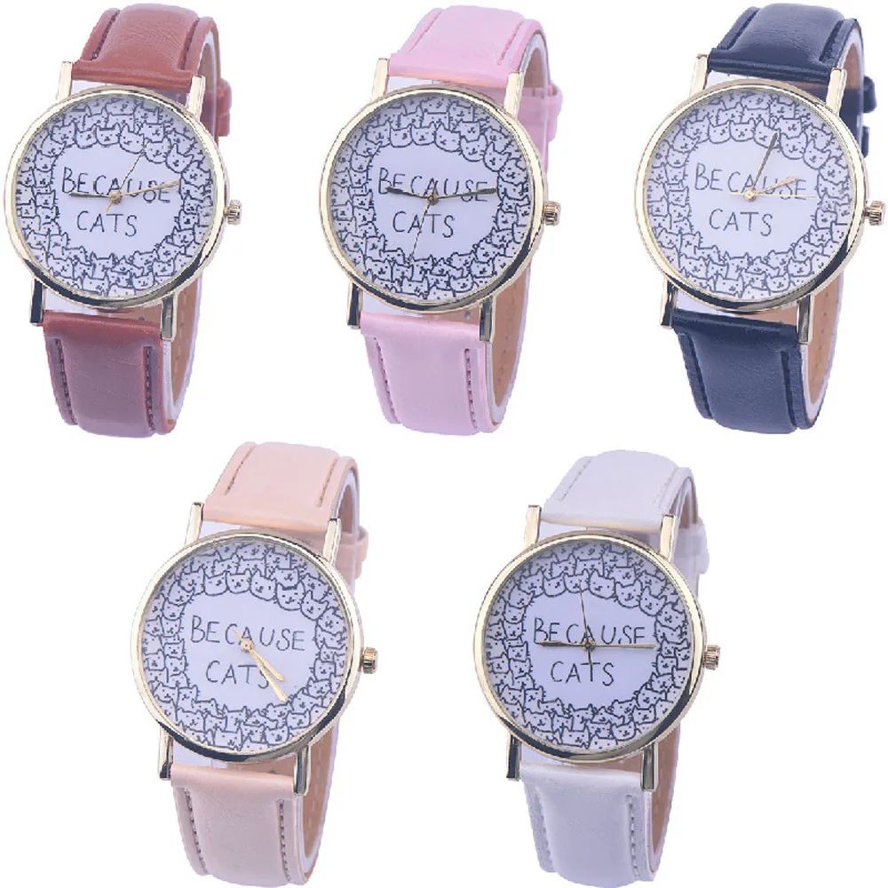 2018 потому что кошки кожаный ремешок аналоговые кварцевые модные наручные часы|us