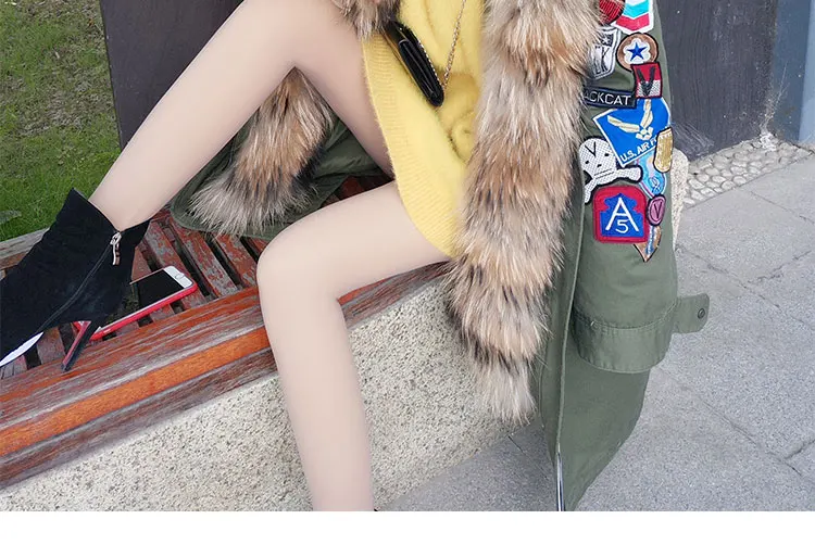 Женское зимнее меховое пальто, куртки, настоящий цветной воротник из меха енота и парки на подкладке, винтажная теплая Толстая армейская зеленая черная длинная парка