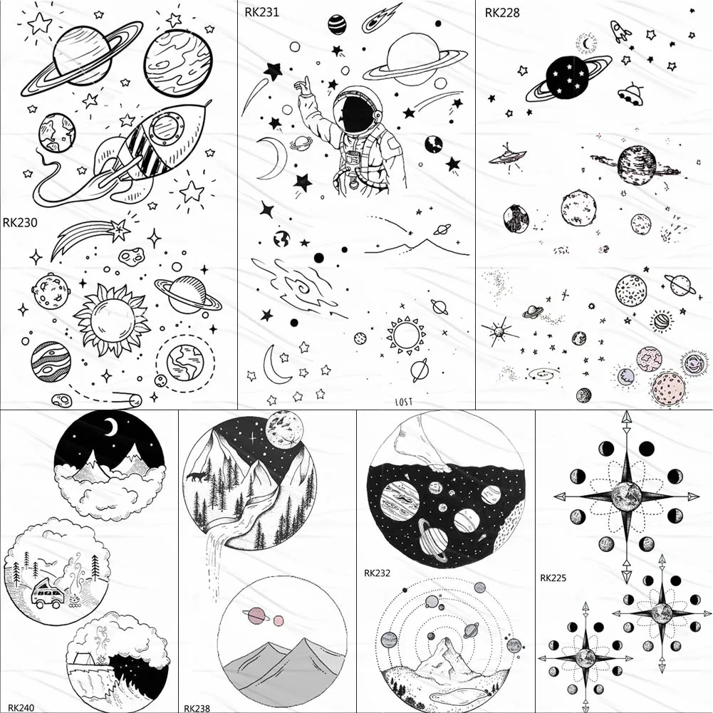 

OMMGO Astronaut Star Universe Tattoos Temporary Finger Neck Fake Tattoo Sticker Planets Round Tatoos Body Art Arm Small Outspace