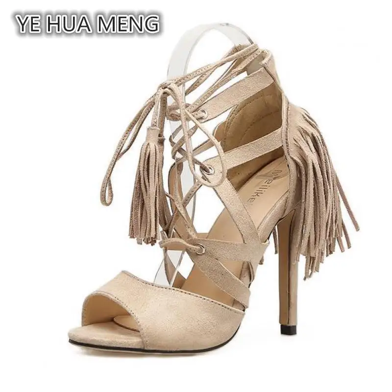 Новые летние модные пояс sexy бахрома с высоких каблуках сандалии.|Боссоножки и