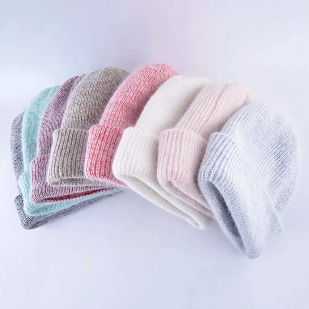 Женские вязаные шерстяные зимняя шапка кролика Вязание шапки для женщин двойной