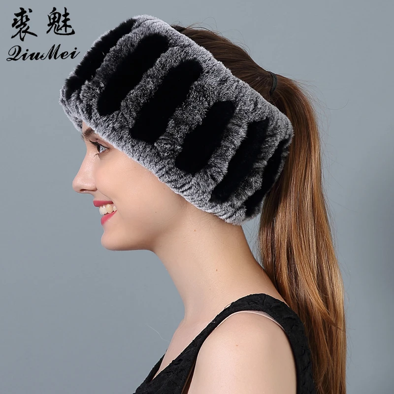 Женская шапка из натурального меха вязаная повязка на голову кролика Рекс