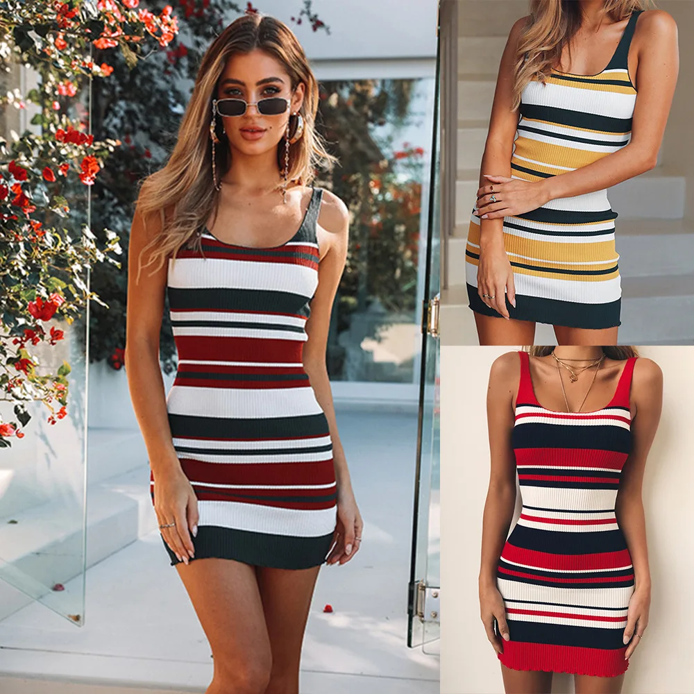 

S-XL women vest knitted sweater dress evening party mini dress casual leisure short striped dress