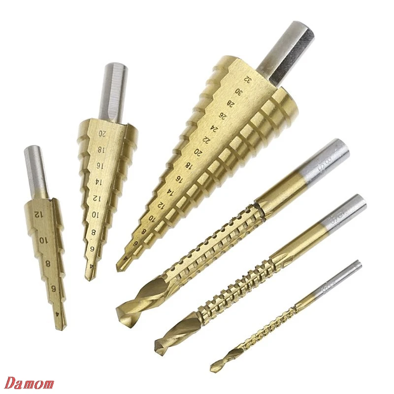 

6 Pcs/Set HSS Steel Titanium Coated Step Drill Bit Hole Cutter 4-32mm Metal Tool