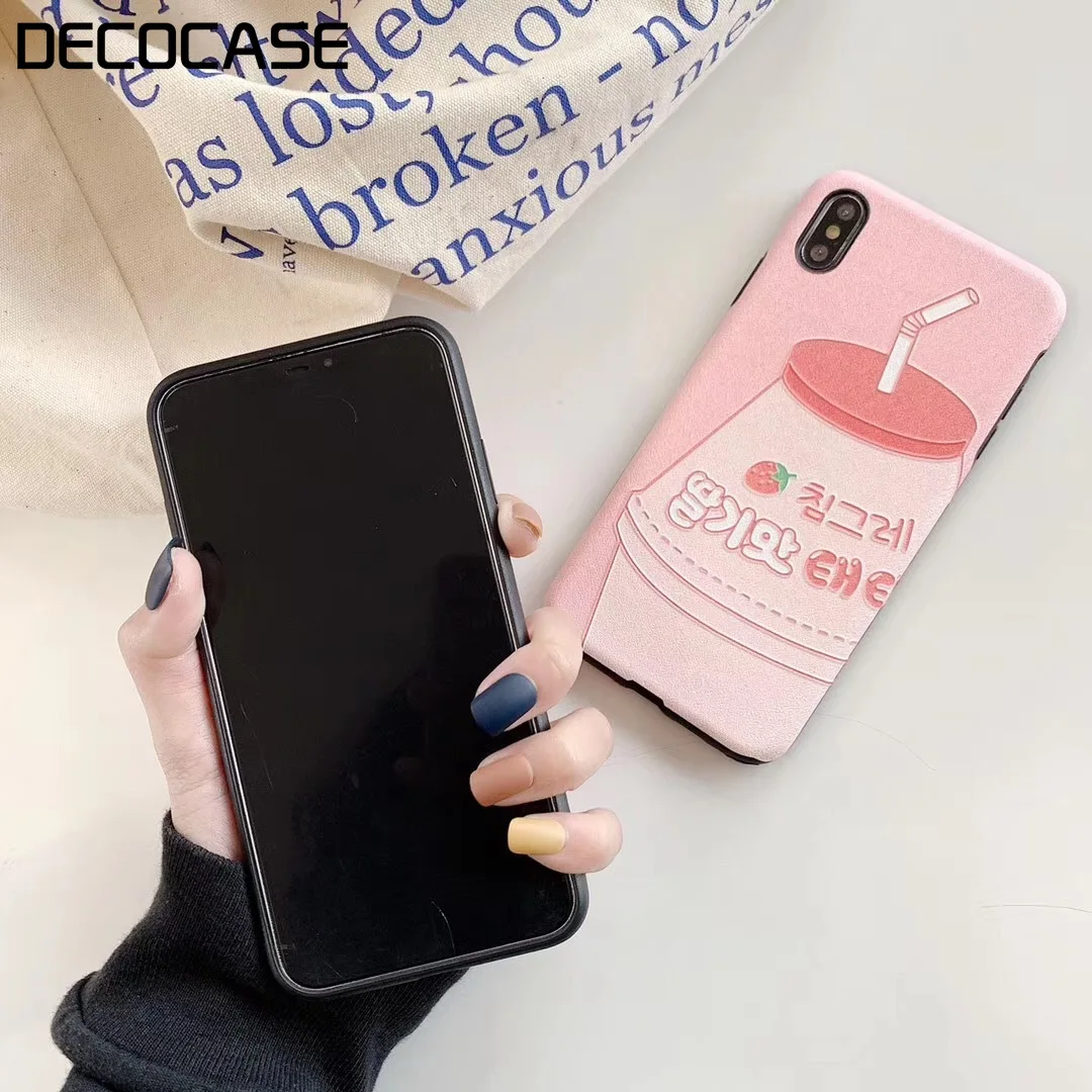 DECOCASE Lovely Korean Strawberry Milk Bottle Printing Girls Women Phone Cases for iPhone 6 6s 7 8 Plus X XR XS Max Covers Gifts |