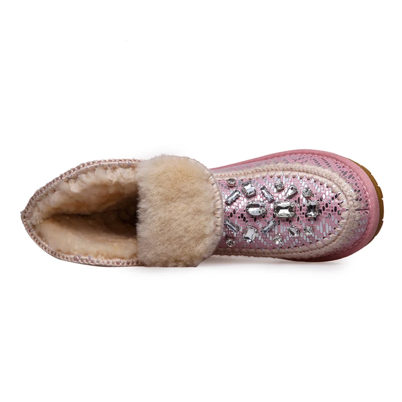 Женщины зимние плоским снегоступы дамы лодыжки меховые горный хрусталь