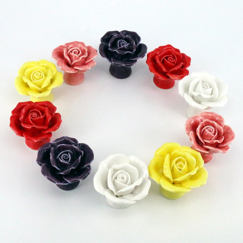 

10PCS hand made red yellow pink white rose flower ceramic knobs handle cabinet pull kitchen cupboard knob kids drawer knobs