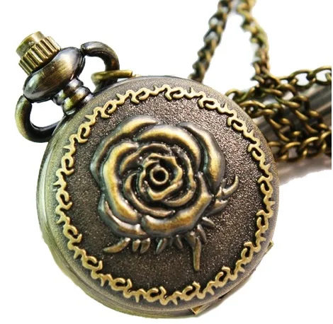 Маленькие карманные женские часы с открытой розой рельефная цепочка бронзовым