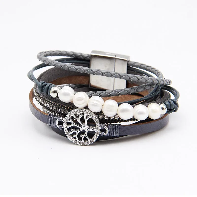 ZG Multiple Layers Punk Leather Bracelet For Men& Women Tree of Life jewelry Pearl Rhinestone Braid Charms Bracelets femme