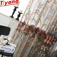 luxury fancy modern embroidered curtains voile tulle blue brown sheer art floral valance drape for living room bedroom wp006 40