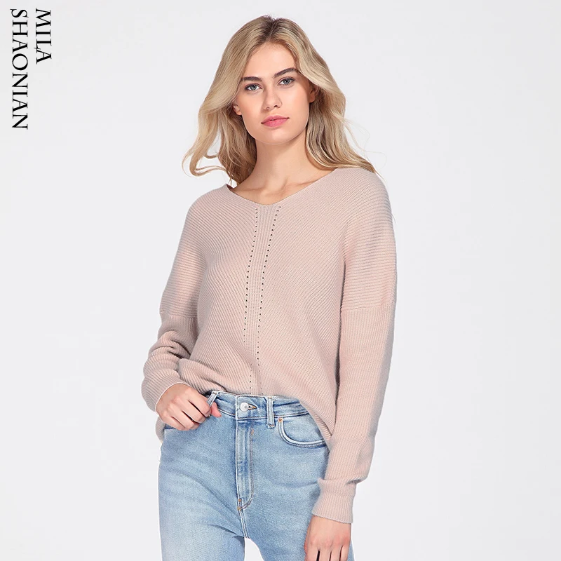 Autumn Casual Pullovers Sweaters Women Hollow out Loose V-neck Top Long Sleeves Solid Knitted Cotton Office Ladies Soft | Женская одежда
