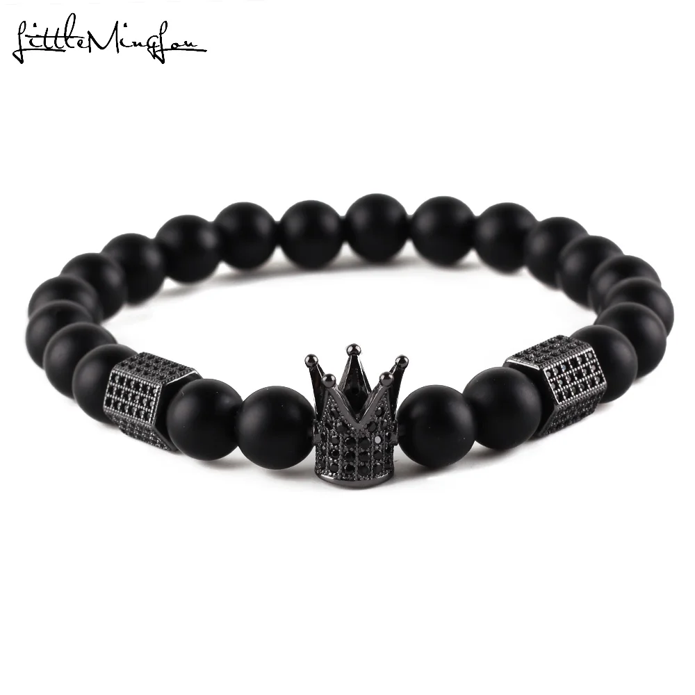 

Micro Pave Black CZ Zirconia Gold King Crown Charm Bracelet Men Dull Polish Matte Bead natural Stone Bracelets & bangles Jewelry