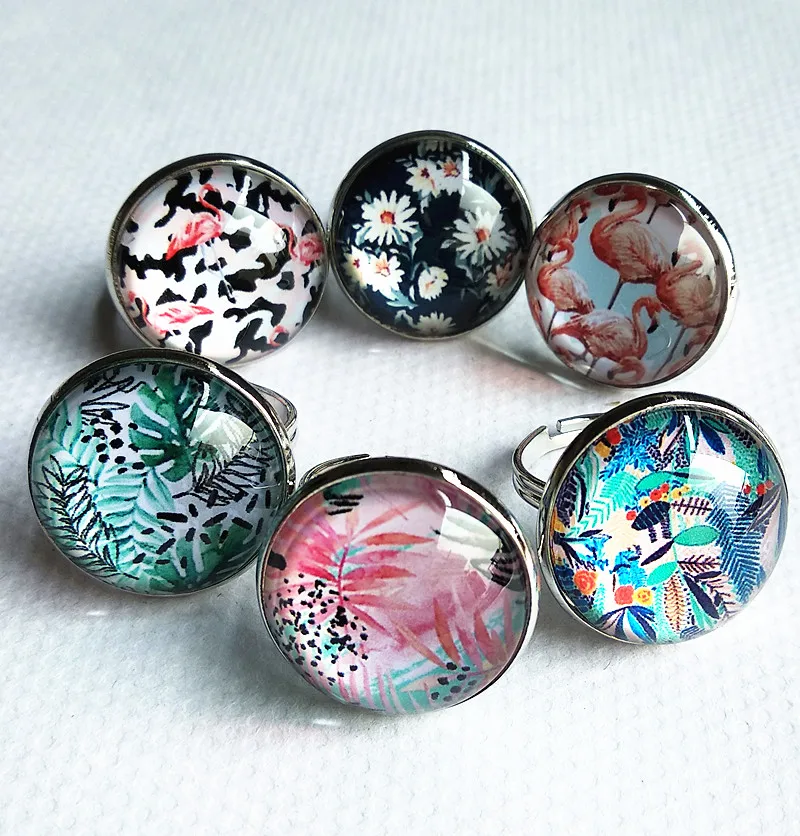 

24 pcs/lot Spring and Summer styles, flamingo ,Flowers Glass cabochons Rings for women girls finger ring