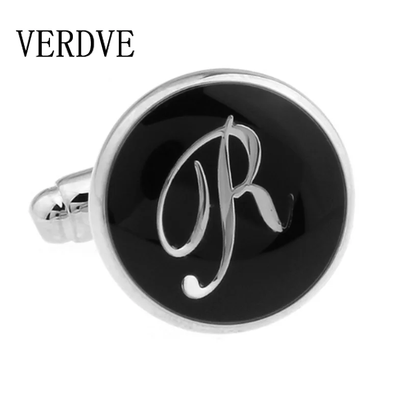 VERDVE, новинка, новые черные запонки с круглым вырезом и буквой D, мужские запонки для свадебной рубашки, Костюмные запонки, A-Z запонки 16 мм - Окраска металла: Silver