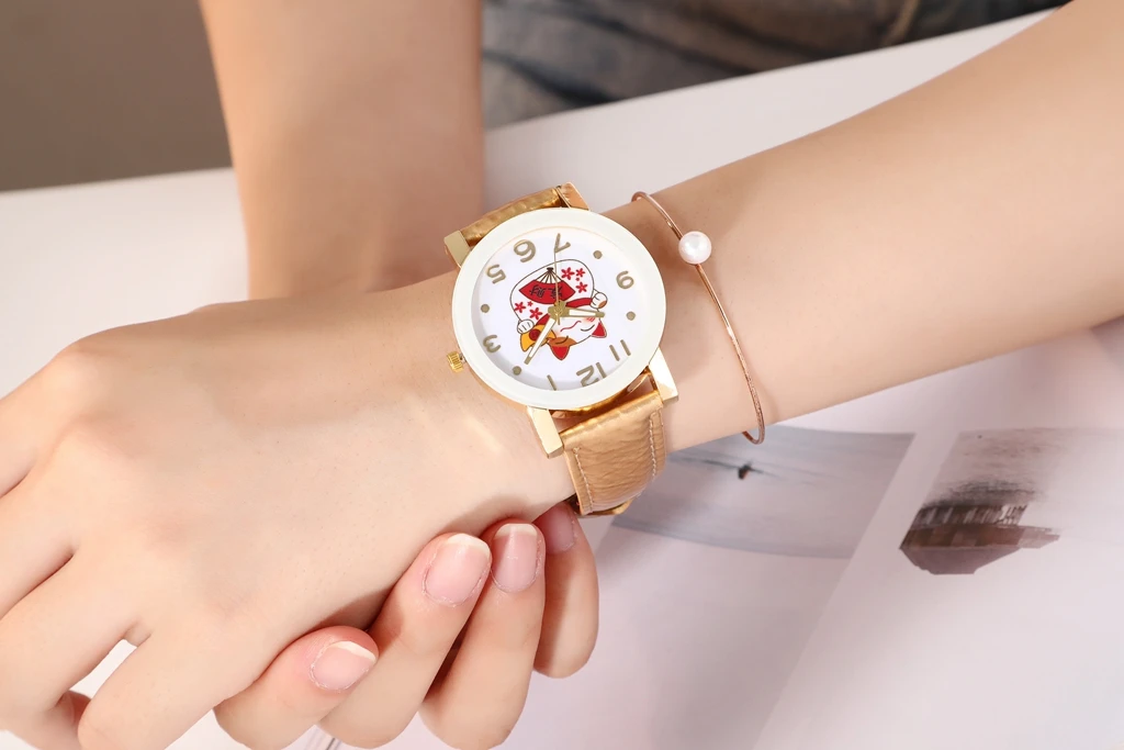 Chinese Style Women Watches Cute Cartoon Lucky Cat Pattern Leather Strap Wrist Watches for Women Quartz Watch Relojes Para Mujer