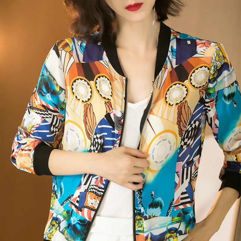 2018 Summer New Women Short Silk Printing Jacket Ladies O-Neck Casual Outwear Coat Tops Baseball Shirt Autumn A27 | Женская одежда