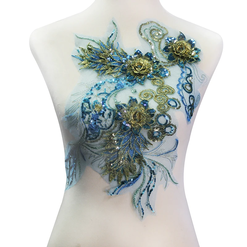 5 шт. 3D блесток цветок голубое золото кружевная вышивка аппликация Pacthes кружева