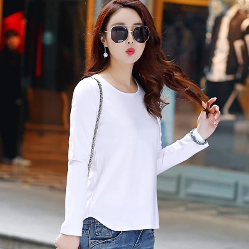 Женская футболка с длинными рукавами однотонная свободная круглым вырезом