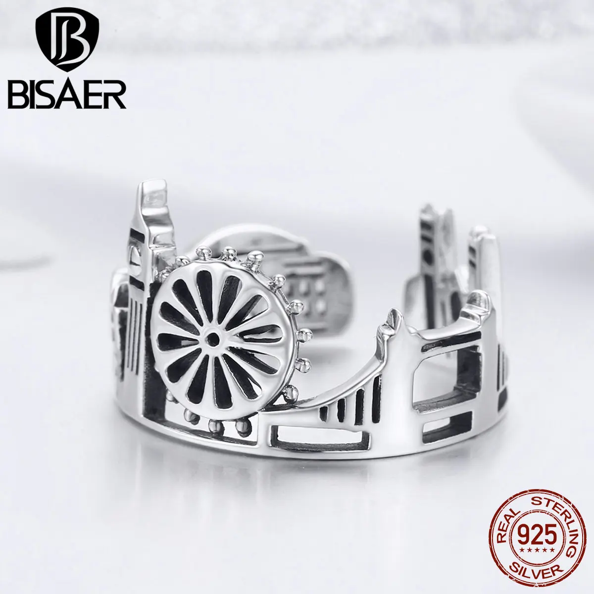 BISAER, 925 пробы, серебряные, Лондонский город, кольца для женщин, регулируемое, строительное кольцо на палец, Анель, Стерлинговое серебро, ювелирные изделия ECR474
