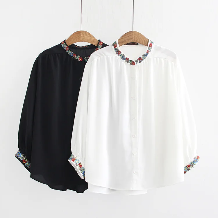 

plus size 6XL ethnic embroidery women blouse black white workwear tops
