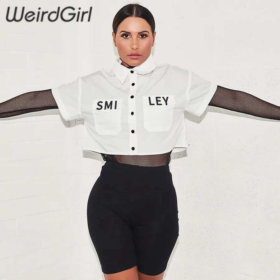 Weirdgirl/женские модные футболки из чистого хлопка с коротким рукавом и отложным воротником, белые вечерние футболки на пуговицах для клуба, уличная одежда для девушек, летняя офисная одежда