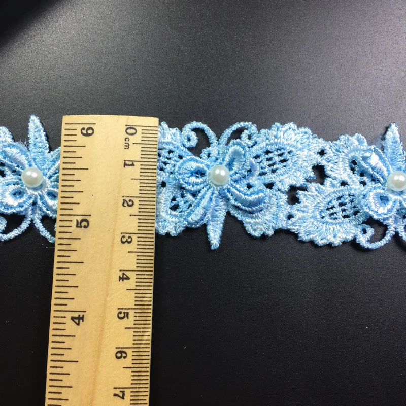 1 ярд Бабочка 3D шифон Роза из кружевной ткани цветок с жемчужной гирляндой