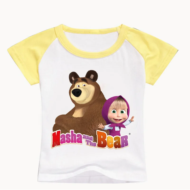 0351yellow Коллекция года, модная детская футболка с короткими рукавами костюм с принтом «Маша и Медведь» для девочек топы для маленьких мальчиков и девочек, футболка для девочек - Цвет: 0351yellow