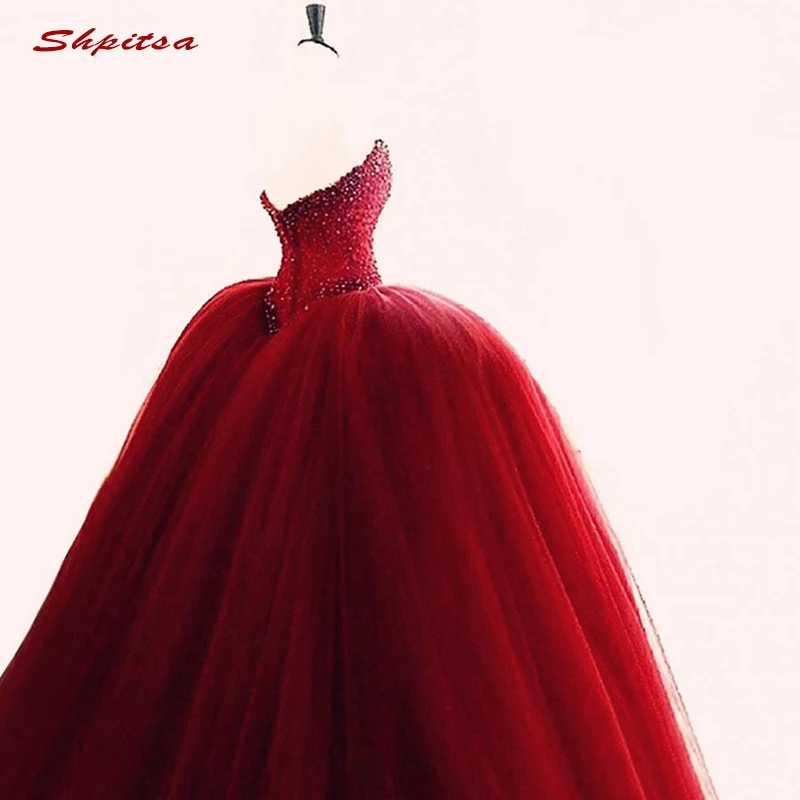 Роскошное бальное платье Quinceanera с кристаллами милое красное фатиновое для