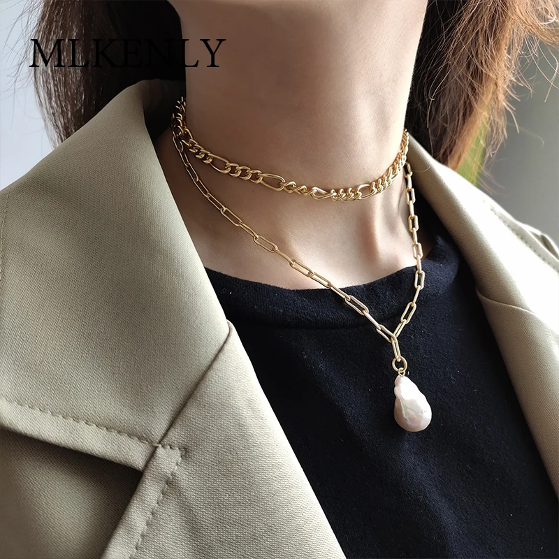 MLKENLY Настоящее 925 пробы Серебряный кулон и ожерелье тяжелая промышленность барокко Жемчуг золотой цвет Золотая цепь чокер небольшие ювелирные изделия