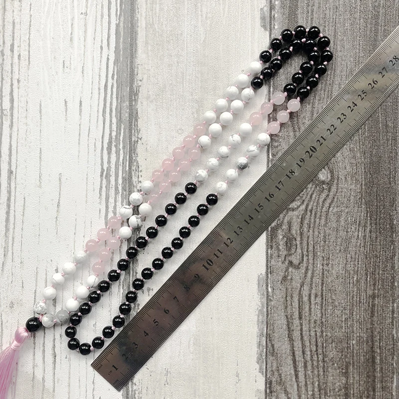 Mala Beads Rose Q-uartz ожерелье ручной работы 108 мала-Йога с кисточкой Белый Howlite Черный