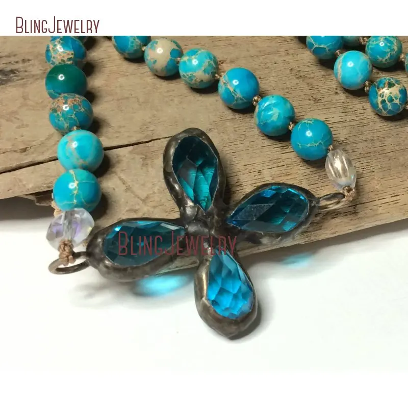 Ожерелье с узелками Boho Aqua Teal ожерелье с припаянным кристаллом с боковым крестом кулон Boho длинное многослойное ожерелье NM26772