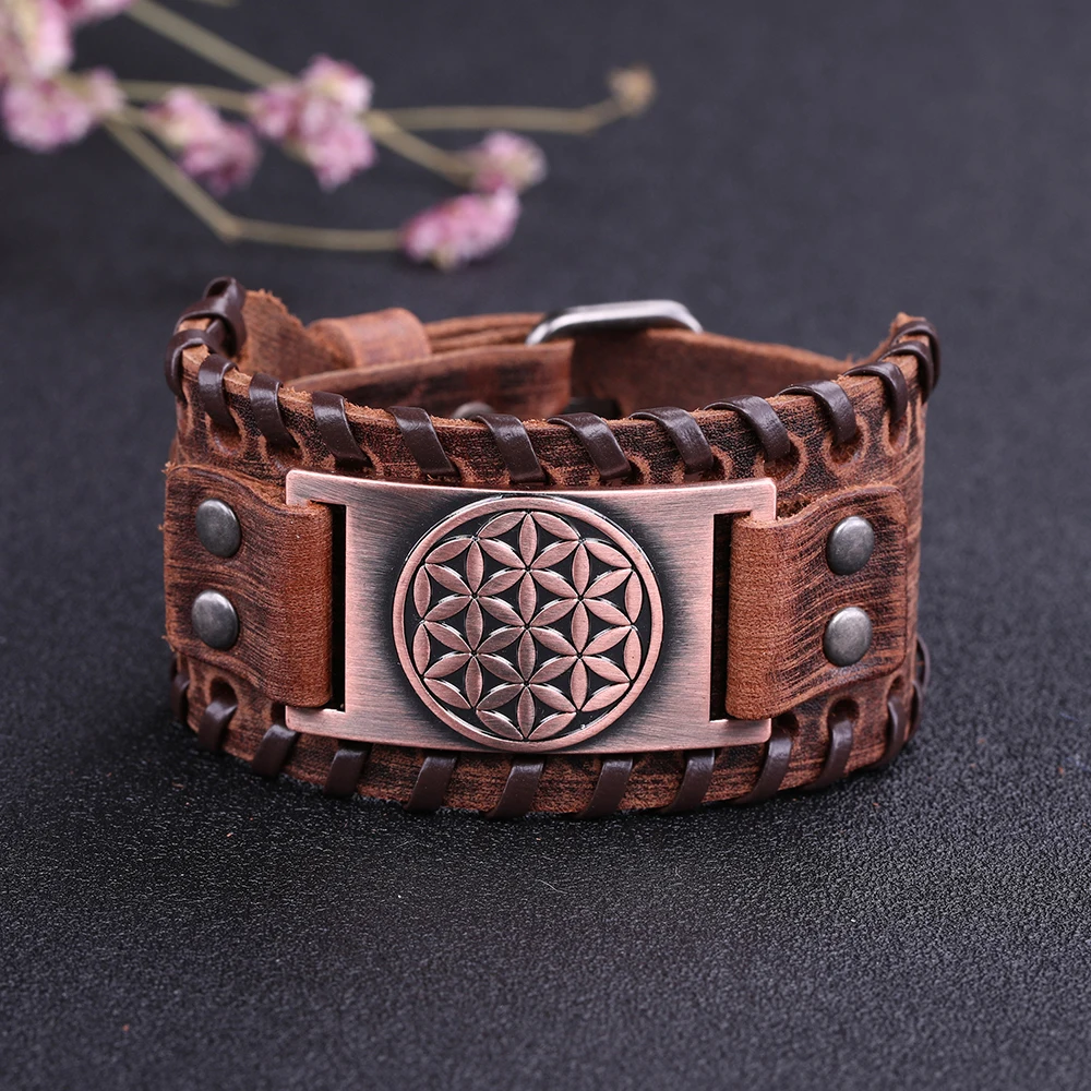 Dawapara Flower Of Life Vintage Bangles For Men Handmade Brown Wide Leather Bracelets Man Amulet Jewelry BROWNB109576-9-W-L | Украшения и