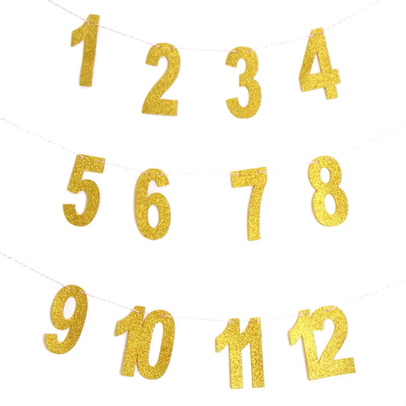 Gold Number MEIDDING Детские баннеры для дня рождения 12 месяцев Фото Бантинг детский душ Бумажная гирлянда мальчик девочка 1-й День рождения украшения принадлежности - Цвет: Gold Number