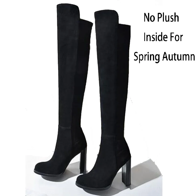 9CM Black SpringAutu Женские Лоскутные зимние высокие сапоги из коровьей кожи с коротким плюшем; сезон весна-осень; Сапоги выше колена из натуральной кожи с острым носком; ZY171021 - Цвет: 9CM Black SpringAutu