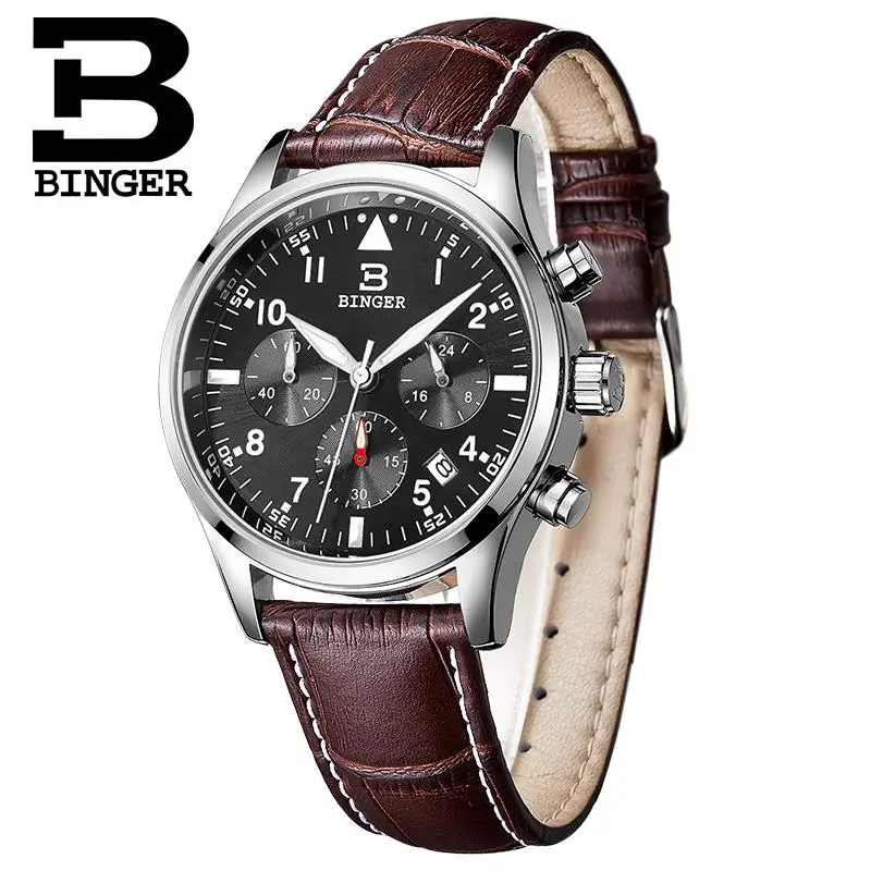 Switzerland BINGER men's watches luxury brand Quartz waterproof leather strap clock Chronograph Stop Watch Wristwatches B9202-9 |