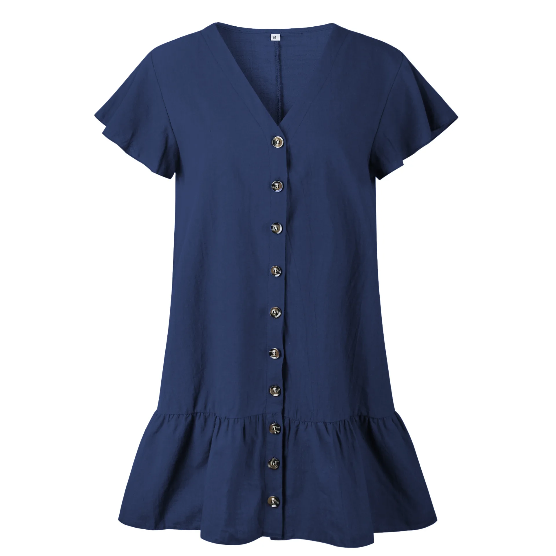 Dark Blue Однотонное повседневное мини-платье, сексуальное женское платье с v-образным вырезом, коротким рукавом, рюшами и пуговицами, новинка, летние платья, хлопковое белое платье для женщин Vestidos - Цвет: Dark Blue