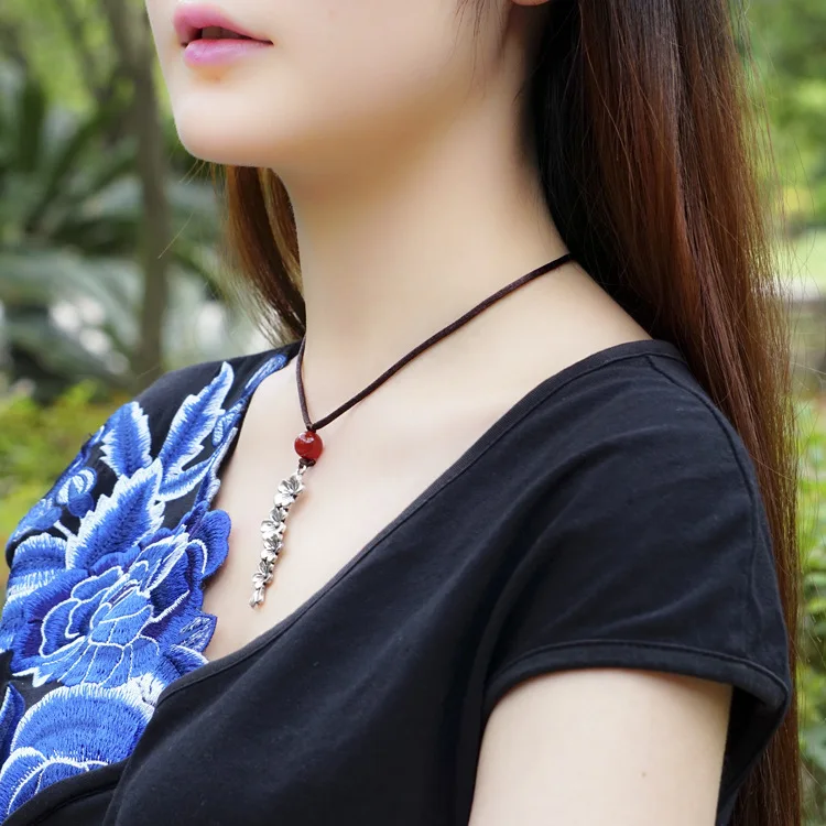 Simple Trendy Tibetan Silver Flower Styling Initial Necklace Jewelry Vintage Natural Red Stone Women's Necklaces Pendants | Украшения и